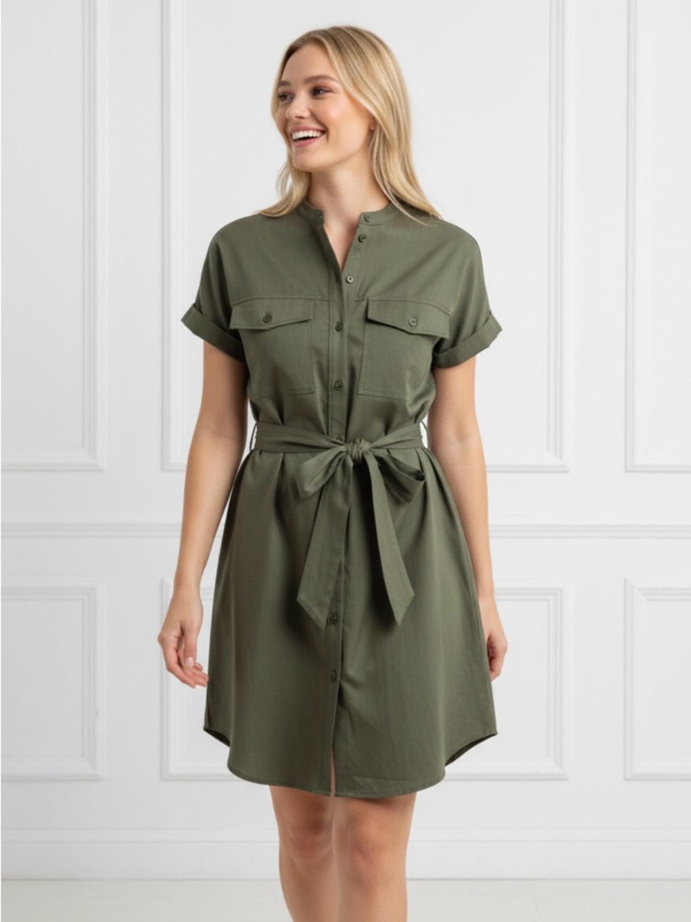 Theory Utility Belted Cargo-Style Minimalist Shirt Dress, Olive Green, Size S